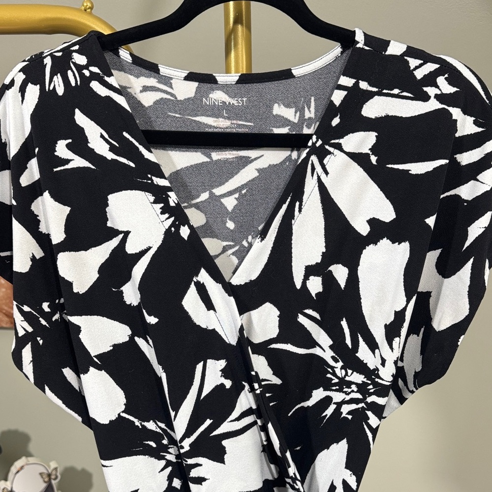 Nine West Black and White Floral Midi Faux Wrap Dress - Picture 4 of 8